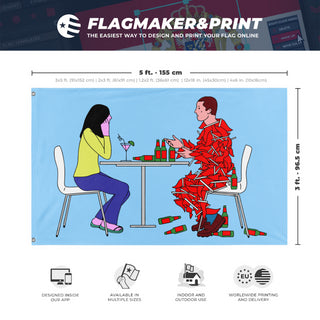 A mockup depicting custom flag specifications and measurements for 'Dating Red Flags flag'