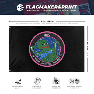A mockup depicting custom flag specifications and measurements for 'Kekistani /pol/ Flag'