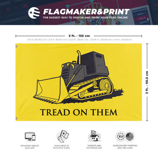 A mockup depicting custom flag specifications and measurements for 'Killdozer Tread On Them Flag'