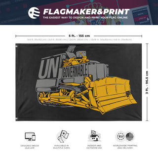 A mockup depicting custom flag specifications and measurements for 'Killdozer Become Ungovernable Flag'