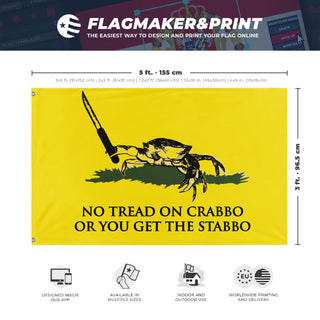 A mockup depicting custom flag specifications and measurements for 'Crab Gadsden Flag'