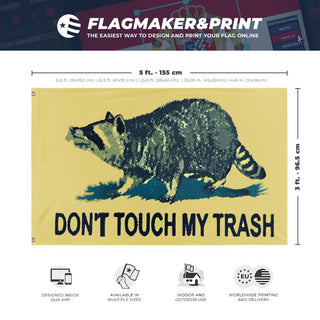 A mockup depicting custom flag specifications and measurements for 'Don't Touch My Trash Flag'