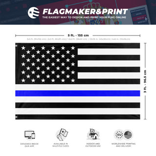 A mockup depicting custom flag specifications and measurements for 'Thin Blue Line Flag'