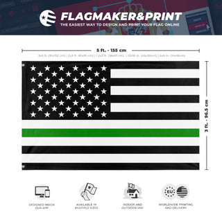 A mockup depicting custom flag specifications and measurements for 'Thin Green Line Flag'