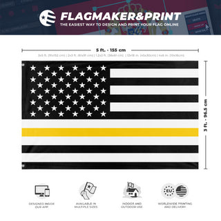 A mockup depicting custom flag specifications and measurements for 'Thin Gold Line Flag'