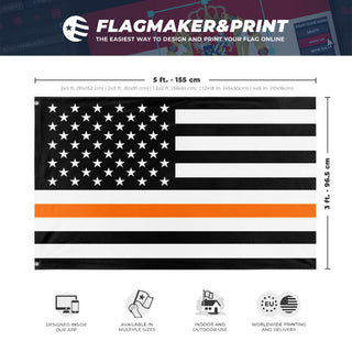 A mockup depicting custom flag specifications and measurements for 'Thin Orange Line Flag'