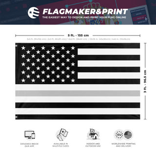 A mockup depicting custom flag specifications and measurements for 'Thin Silver Line Flag'