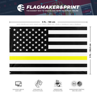 A mockup depicting custom flag specifications and measurements for 'Thin Yellow Line Flag'