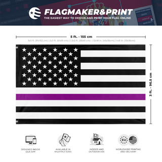 A mockup depicting custom flag specifications and measurements for 'Thin Purple Line Flag'