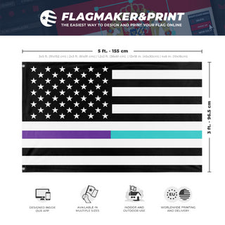 A mockup depicting custom flag specifications and measurements for 'Thin Teal Line Flag'