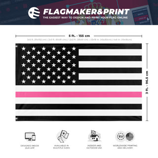 A mockup depicting custom flag specifications and measurements for 'Thin Pink Line Flag'
