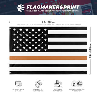 A mockup depicting custom flag specifications and measurements for 'Thin Brown Line Flag'