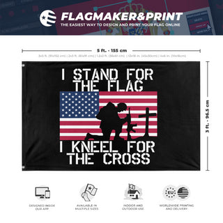 A mockup depicting custom flag specifications and measurements for 'Stand For The Flag, Kneel For The Cross Flag'