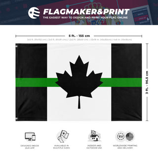 A mockup depicting custom flag specifications and measurements for 'Thin Green Line Canada Flag'