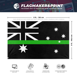 A mockup depicting custom flag specifications and measurements for 'Thin Green Line Australia Flag'