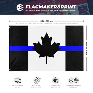 A mockup depicting custom flag specifications and measurements for 'Thin Blue Line Canada Flag'