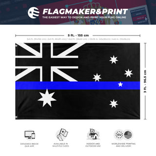 A mockup depicting custom flag specifications and measurements for 'Thin Blue Line Australia Flag'