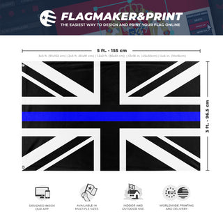 A mockup depicting custom flag specifications and measurements for 'Thin Blue Line United Kingdom Flag'