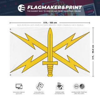 A mockup depicting custom flag specifications and measurements for 'US Army Cyber Branch Flag'