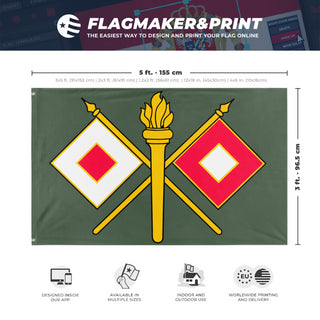 A mockup depicting custom flag specifications and measurements for 'US Army Signal Corps Flag'