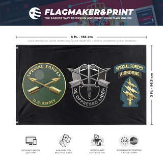 A mockup depicting custom flag specifications and measurements for 'US Army Special Forces Branch flag'