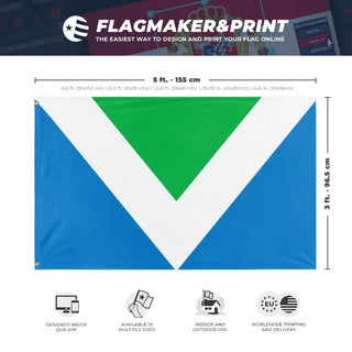 A mockup depicting custom flag specifications and measurements for 'International Vegan Flag'