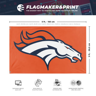A mockup depicting custom flag specifications and measurements for 'Denver Bronco Flag'