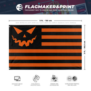 A mockup depicting custom flag specifications and measurements for 'Halloween Flag'