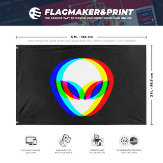 A mockup depicting custom flag specifications and measurements for 'Alien Rave Flag'