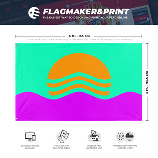 A mockup depicting custom flag specifications and measurements for 'Vaporwave Flag'