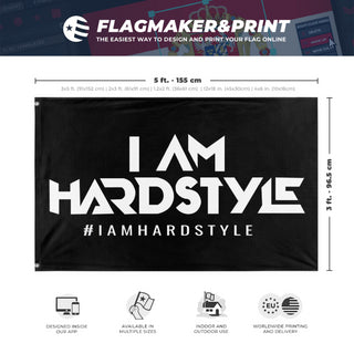 A mockup depicting custom flag specifications and measurements for 'Hardstyle Flag'