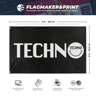 A mockup depicting custom flag specifications and measurements for 'Techno Rave Flag'
