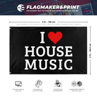A mockup depicting custom flag specifications and measurements for 'House Music Flag'