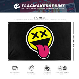 A mockup depicting custom flag specifications and measurements for 'Hardstyle Smile Rave Flag'