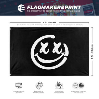 A mockup depicting custom flag specifications and measurements for 'Rave Smile Flag'