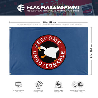 A mockup depicting custom flag specifications and measurements for 'Become Ungovernable flag'