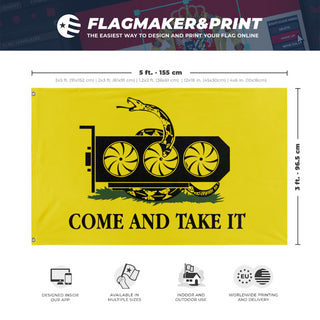 A mockup depicting custom flag specifications and measurements for 'Come and Take It GPU Gadsden Flag'