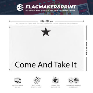 A mockup depicting custom flag specifications and measurements for 'Come and Take It M4 Flag'