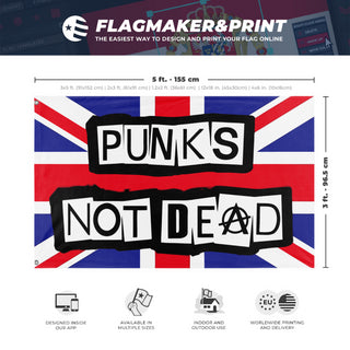 A mockup depicting custom flag specifications and measurements for 'Punk Is Not Dead Flag'