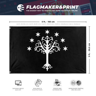 A mockup depicting custom flag specifications and measurements for 'Flag of Gondor flag'