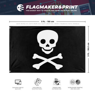 A mockup depicting custom flag specifications and measurements for 'Jolly Roger Flag'