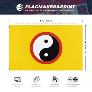 A mockup depicting custom flag specifications and measurements for 'Taoism Flag'