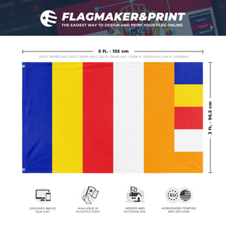 A mockup depicting custom flag specifications and measurements for 'Buddhism Flag'
