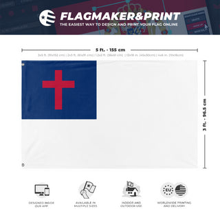 A mockup depicting custom flag specifications and measurements for 'Christianity Flag'