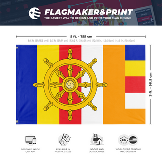 A mockup depicting custom flag specifications and measurements for 'Dharma Buddhist Flag'