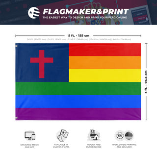 A mockup depicting custom flag specifications and measurements for 'Christian Pride Flag'
