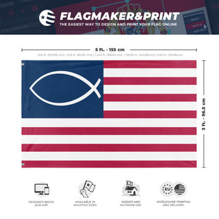 A mockup depicting custom flag specifications and measurements for 'American Jesus Fish flag'