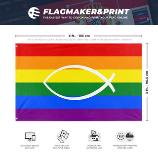 A mockup depicting custom flag specifications and measurements for 'Jesus Fish Pride Flag'