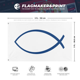 A mockup depicting custom flag specifications and measurements for 'Christian Jesus Fish Flag'