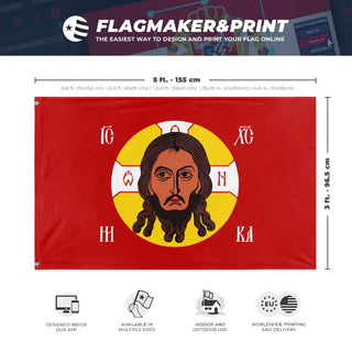 A mockup depicting custom flag specifications and measurements for 'Holy Face of Christ Flag - Red flag'